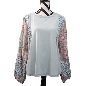 Easel Light Blue Blouse with Patterned Sleeves